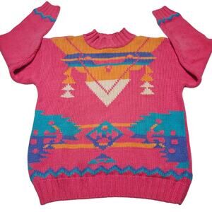 Vintage Nuovo Knitted Sweater Womens Size Medium Pink 80s Geometric